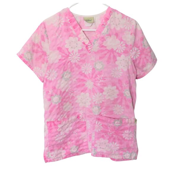 Tafford Scub Top Women Pink Small Floral Pattern & Large Pockets Comfortable Fit - Picture 2 of 9